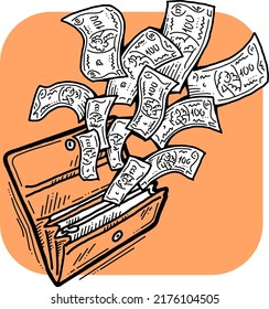 Money cash flying into and out of wallet. Income transfer, currency revenue, inflation and deflation, finance and business theme. Hand drawing illustration. Cartoon style line vector drawing.