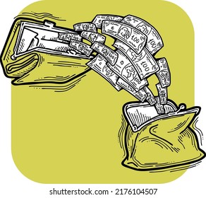 Money cash flying into and out of wallet. Income transfer, currency revenue, inflation and deflation, finance and business theme. Hand drawing illustration. Cartoon style line vector drawing.