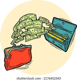 Money cash flying into and out of wallet. Income transfer, currency revenue, inflation and deflation, finance and business theme. Hand drawing vector illustration. Cartoon style line drawing.