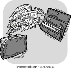 Money cash flying into and out of wallet. Income transfer, currency revenue, inflation and deflation, finance and business theme. Hand drawing illustration. Cartoon style line drawing.