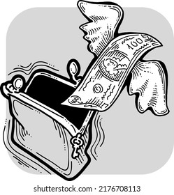 Money cash flying into and out of wallet. Income transfer, currency revenue, inflation and deflation, finance and business theme. Hand drawing illustration. Cartoon style line drawing.