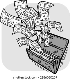 Money cash flying into and out of wallet. Income transfer, currency revenue, inflation and deflation, finance and business theme. Hand drawing vector illustration. Cartoon style line drawing.