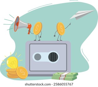 Money cash, gold coins. Flat illustration safe for money, wealth, saving finances