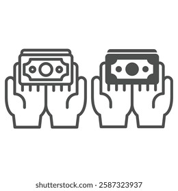 Money cash in hands line and solid icon, bank account concept. Vector graphics. Hand palms and dollars paper bills sign on white background, outline style icon for mobile or web design
