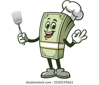 Money Cash holding a spatula and wearing a chef's hat,  Cartoon Mascot Illustration Character Vector Clip-art Hand-drawn Logo Design