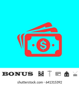 Money cash icon flat. Red pictogram on blue background. Vector illustration symbol and bonus buttons Music center, corkscrew, credit card, house, drum