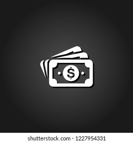 Money cash icon flat. Simple White pictogram on black background with shadow. Vector illustration symbol