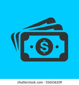 Money cash icon flat. Simple vector black pictogram on blue background