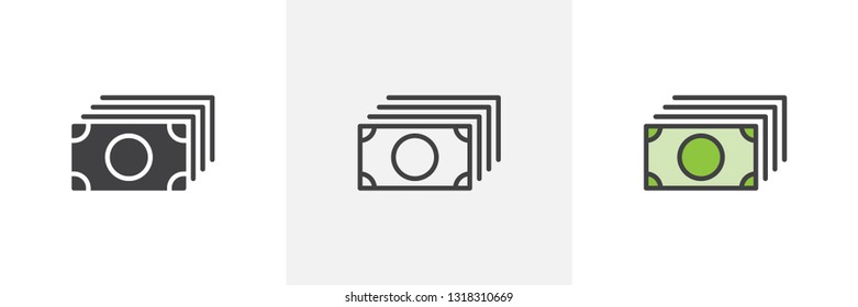 Money cash icon. Line, glyph and filled outline colorful version, Stack of dollar bill outline and filled vector sign. Symbol, logo illustration. Different style icons set. Pixel perfect vector 