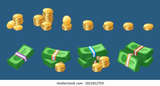 Money cash icons with coins stacks and bills