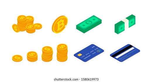 Money cash isometric icons set. 3d gold coin stack with dollar, bitcoin sign, credit card, cash money bundle. Various payment method symbol for web, apps, design. Vector illustration