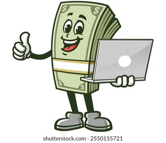 Dinheiro em dinheiro com laptop, desenho animado Mascote ilustração personagem Vetor Clip-art logotipo desenhado à mão Design