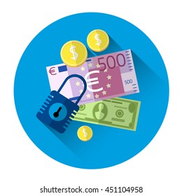 Dinero en efectivo con bloqueo Concepto de seguridad Icono colorido Ilustración de vectores planos