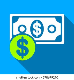Money Cash long shadow vector icon. Style is a flat light symbol with rounded angles on a blue square background.