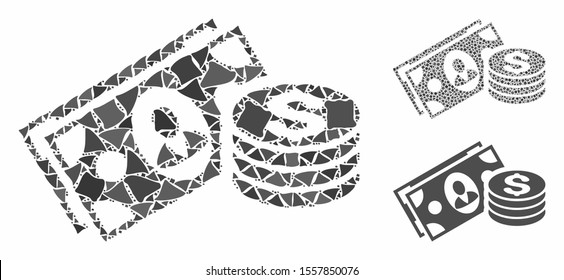 Money cash mosaic of joggly elements in variable sizes and color tones, based on money cash icon. Vector rough elements are united into collage. Money cash icons collage with dotted pattern.
