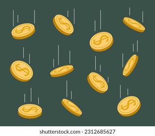 Money cash paper coin flying falling rain concept. Vector design graphic illustration