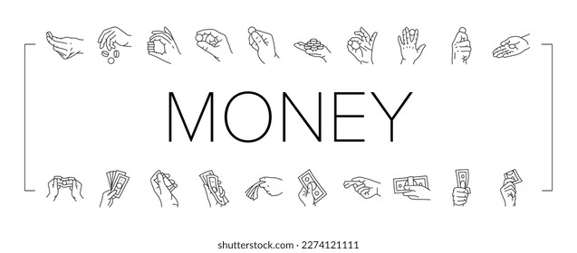 money cash payment dollar finance icons set vector. business bank, currenc, coin, banking investment, wealth exchange, web wallet money cash payment dollar finance black contour illustrations