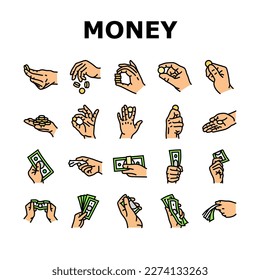 money cash payment dollar finance icons set vector. business bank, currenc, coin, banking investment, wealth exchange, web wallet money cash payment dollar finance color line illustrations