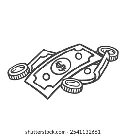 Money cash pile line icon. Outline hand drawn paper dollar bills and gold coins bundle, American currency heap. Casino jackpot or lottery, payment mascot, money accounting icon vector illustration