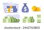 Money cash pile stack icon vector set graphic illustration, dollar currency bag sack blue color design flat cartoon 3d, gold coins modern, banknotes bill heap paper purple green yellow image clip art