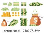 Money cash pile stack icon isolated on white background. Bundle with cash bills. Stack of gold coins. Save money in bank. Deposit. Wealth. Collection and inheritance. Flat vector illustration.