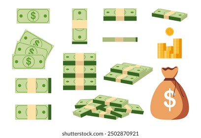 Money cash pile stack icon isolated on white background. Bundle with cash bills. Stack of gold coins. Save money in bank. Deposit. Wealth. Collection and inheritance. Flat vector illustration.