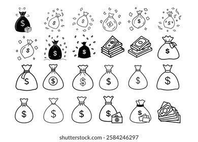 Money cash pile stack icon vector Set  graphic illustration, dollar currency bag sack blue color design flat cartoon Line Ari