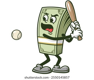 Dinheiro jogando beisebol, Desenho Animado Mascote Ilustração Personagem Vetor Clip-art Desenhado à Mão Logo Design