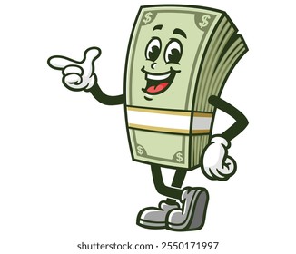 Money Cash with pointing finger pose,  Cartoon Mascot Illustration Character Vector Clip-art Hand-drawn Logo Design