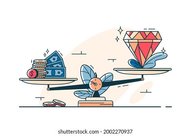 Dinero en efectivo y piedra preciosa en escalas estilo de arte de línea vectorial. Efectivo y gema en escalepan. Valor del dinero y idea de joyas. Comparar el concepto de precio