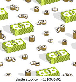 Money cash seamless background, backdrop for financial business website or economical theme ads and information, dollar currency money signs, vector wallpaper or web site background.