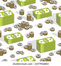 Money Cash Seamless Background, Backdrop For Financial Business Website Or Economical Theme Ads And Information, Dollar Currency Money Signs, Vector Wallpaper Or Web Site Background.