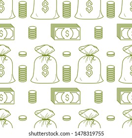 Money cash seamless background, dollar currency money signs, backdrop for financial business website or economical theme ads and information, vector wallpaper or web site background.