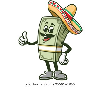 Dinheiro em dinheiro com sombrero, Desenho Animado Mascote Ilustração Personagem Vetor Clip-art Desenho de logotipo desenhado à mão