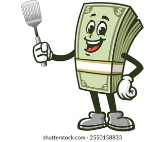 Money Cash with spatula,  Cartoon Mascot Illustration Character Vector Clip-art Hand-drawn Logo Design