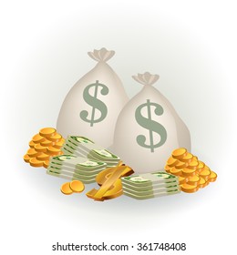 Money cash vector icon. Bank, finance, business, paper dollars in bag.