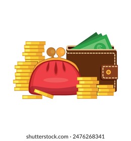 Money. Cash. A wallet for bills, a purse for change, gold coins. Finance. Vector illustration isolated on a white background for design and web.