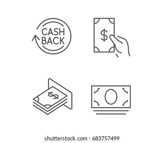 Money, Cashback and ATM line icons. Cash, Currency and Banking signs. Dolla or USD symbol. Quality design elements. Editable stroke. Vector