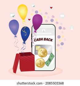 Money for cashback purchases is added to the personal account in the mobile. Congratulations box with balloons. The concept of saving money and cashback. Isolated. Vector