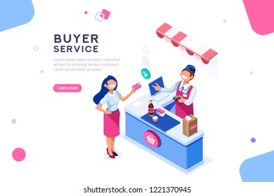 Money And Cashier. Flat Image With Buyer For Banner. Infographic Of Purchase, Customer Shopper On Web Cashbox. Commerce, Seller On Retail For Woman Customers, Concept With Characters. Isometric Vector