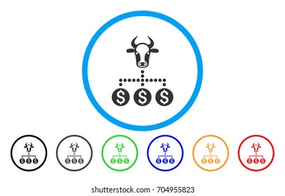 Money Cattle Relations vector rounded icon. Image style is a flat gray icon symbol inside a blue circle. Additional color variants are grey, black, blue, green, red, orange.