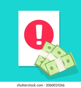 Money caution fraud alert notice as risk prevention activity, suspicious cash transaction warning attention notification vector flat cartoon illustration, tax debt financial warn alert, phishing info