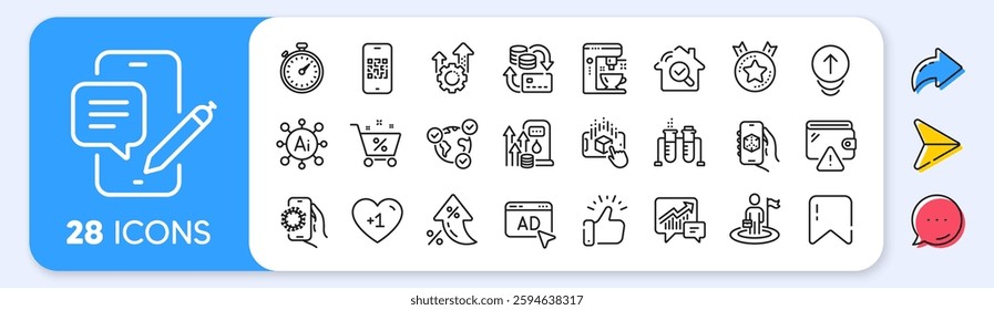 Money change, Coffee maker and Timer line icons. Interest rate, AI generate, Inflation icons. Pack of Leadership, Chemistry beaker, Fuel price icon. 3d app, Wallet, Ad pictogram. Vector