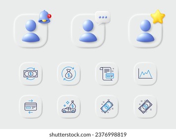Money change, Change money and Credit card line icons. Placeholder with 3d star, reminder bell, chat. Pack of Diagram, Bitcoin, Payment icon. Cash transit, Payment card pictogram. Vector