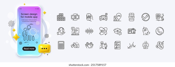 Guardar Cambio de dinero, gasolinera e iconos de línea de planeta para App de Web. Pantalla de degradado de maqueta de teléfono. Paquete de documentación de ingeniería, estrella, iconos de pictogramas de centro de llamadas. Vector