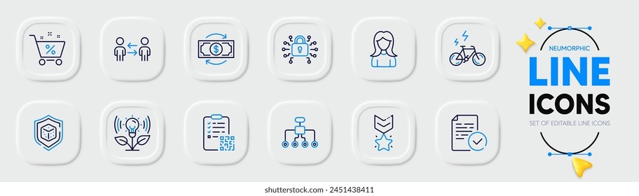 Money change, Security lock and Dice line icons for web app. Pack of Incubator, Teamwork business, Qr code pictogram icons. Woman, Winner medal, Compliance signs. Loan percent, E-bike. Vector