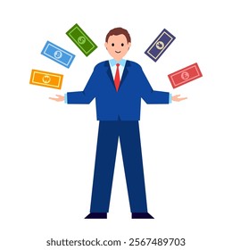 Money changer man. Currency exchange. Vector simple color flat illustration.