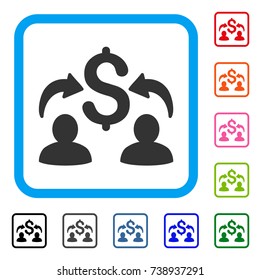 Money Changers icon. Flat gray iconic symbol inside a light blue rounded frame. Black, gray, green, blue, red, orange color variants of Money Changers vector.