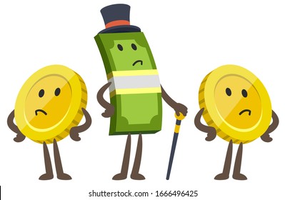Money Character Capitalist in a top hat with a cane. Coin Characters. Vector Illustration.