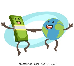 Money Character and Planet Earth Character dancing. Financial and commercial component of tourism. Vector Illustration.